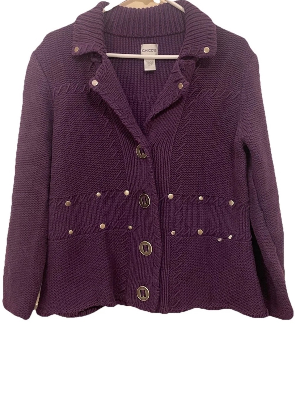 Chico's Purple Knit Chunky Button-Front Sweater Jacket Large Art to Wear Cozy